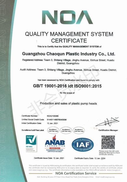 China Guangzhou Chaoqun Plastic Industry Co., Ltd. Certificaten